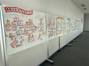 写真：市役所展望ロビー展示写真2（紙にまとめられた意見・発表内容）