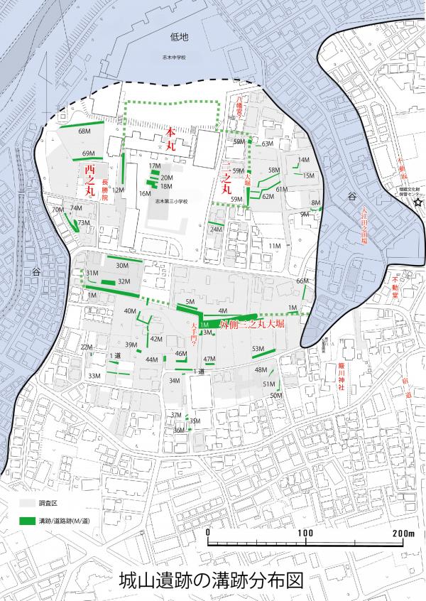柏の城溝跡分布図