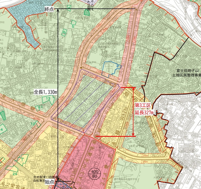 中央通停車場線の事業区域図